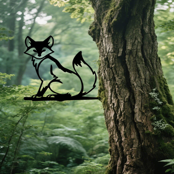 Black metal fox silhouette wall sign, seated fox profile outline with curled tail