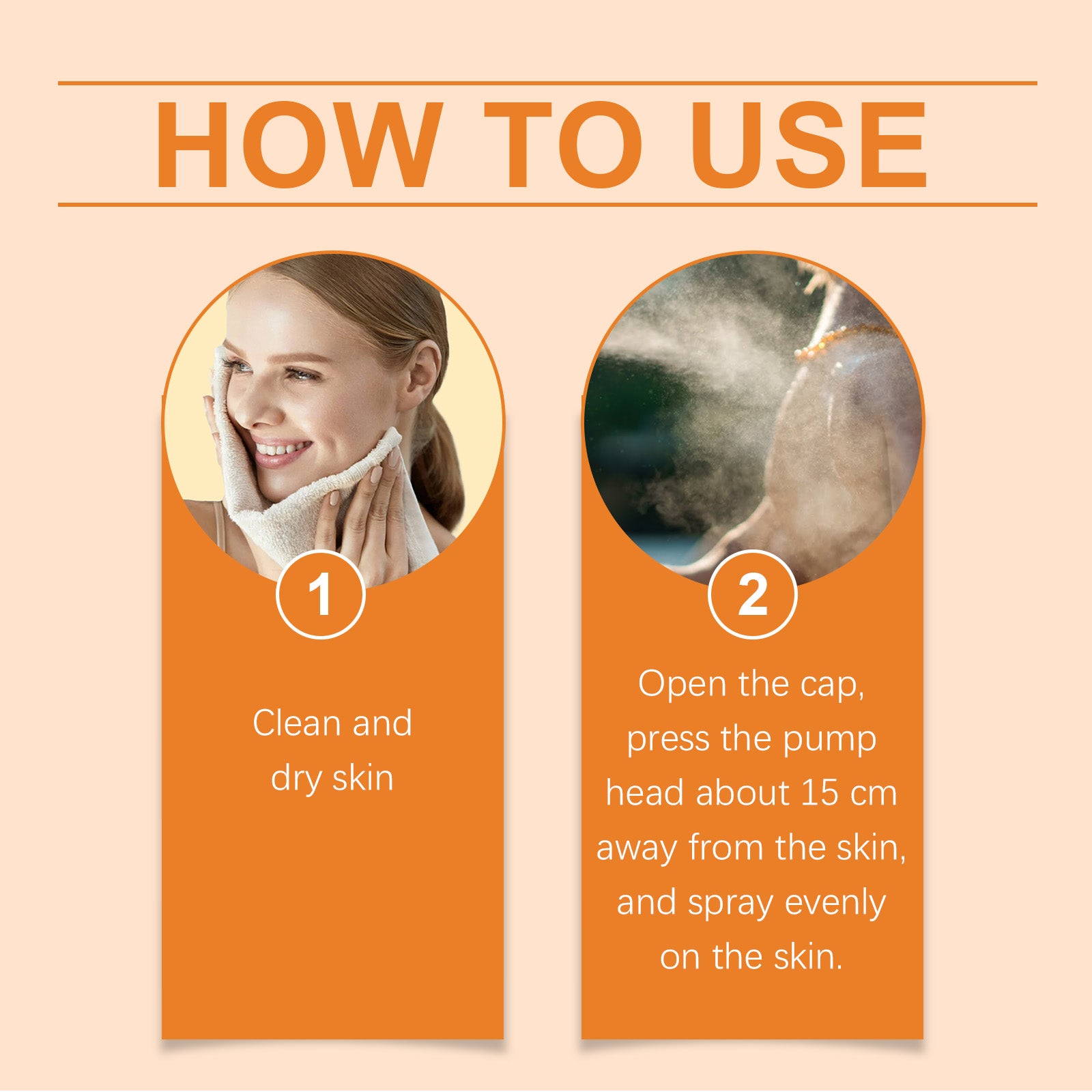 How-to use graphic for SPF 60 spray lotion sunscreen with spray and application steps