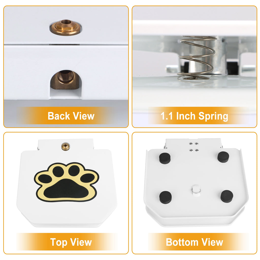 White dog water fountain showing top paw print, back outlet and bottom base