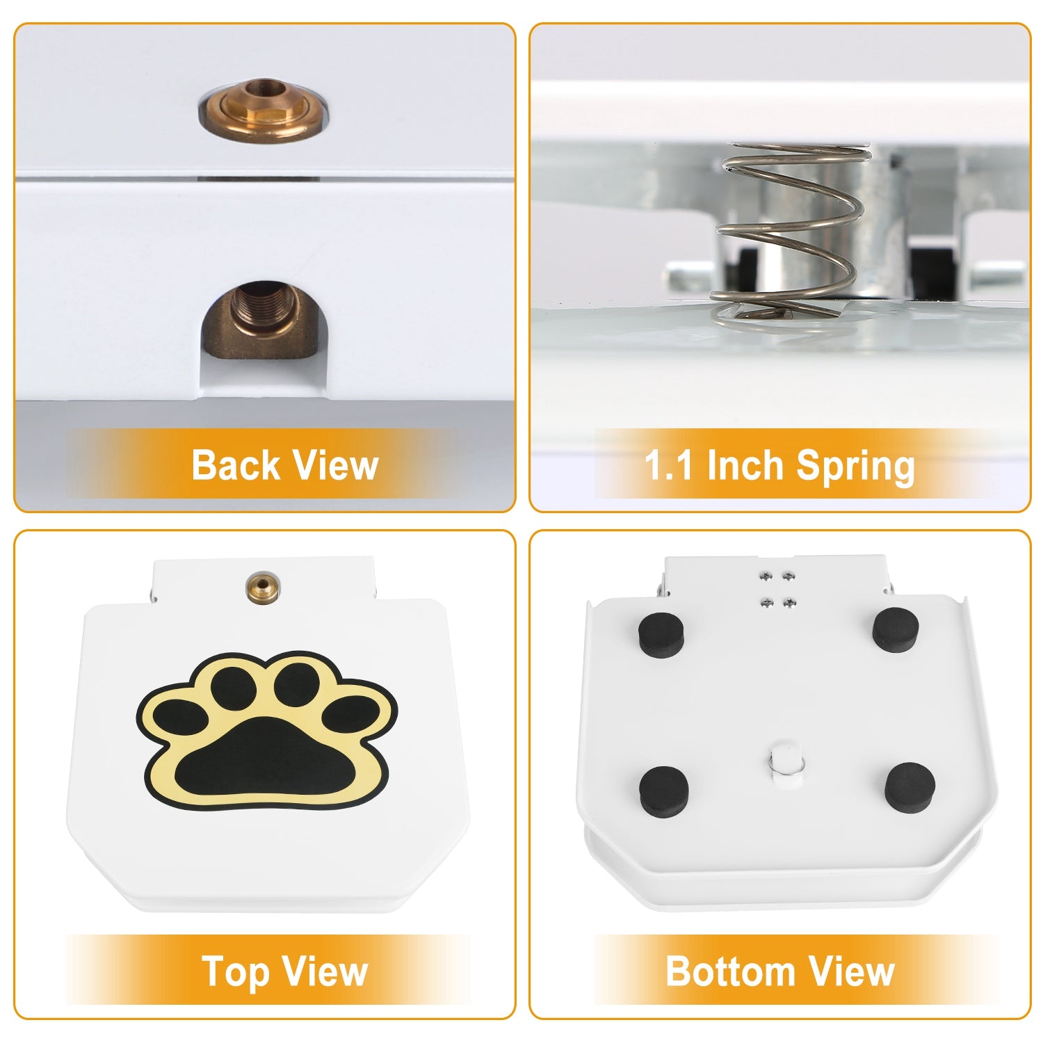 White dog water fountain showing top paw print, back outlet and bottom base