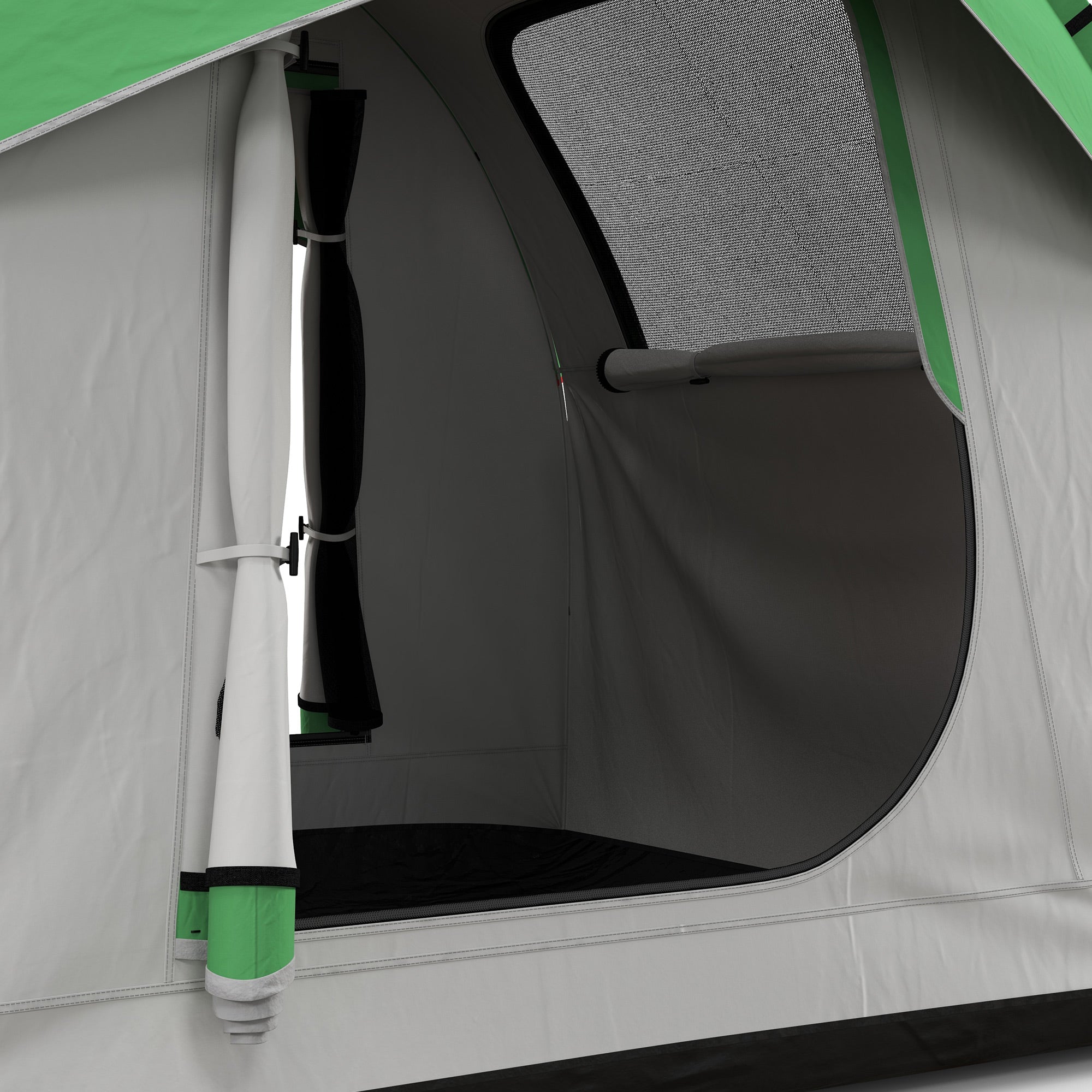 Car tent interior with gray mesh panel and green trim