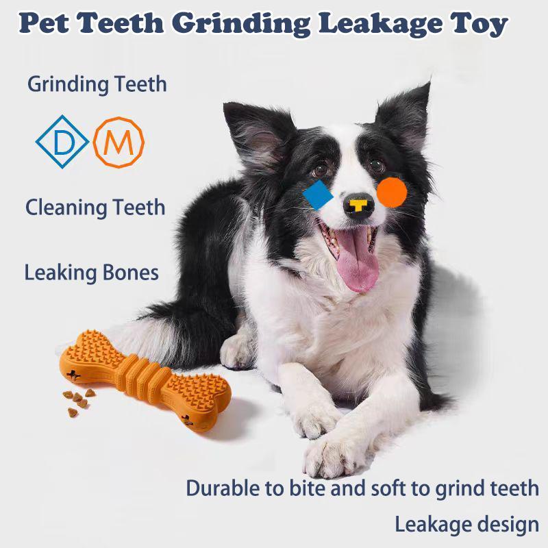 Dog with a red textured bone chew toy featuring raised nubs and leakage design