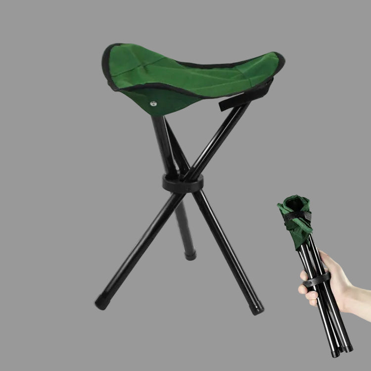Green folding tripod stool with padded seat and three steel legs