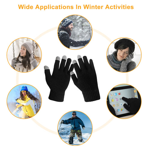 Pair of black touchscreen knit gloves with ribbed cuffs and three sensitive finger pads.