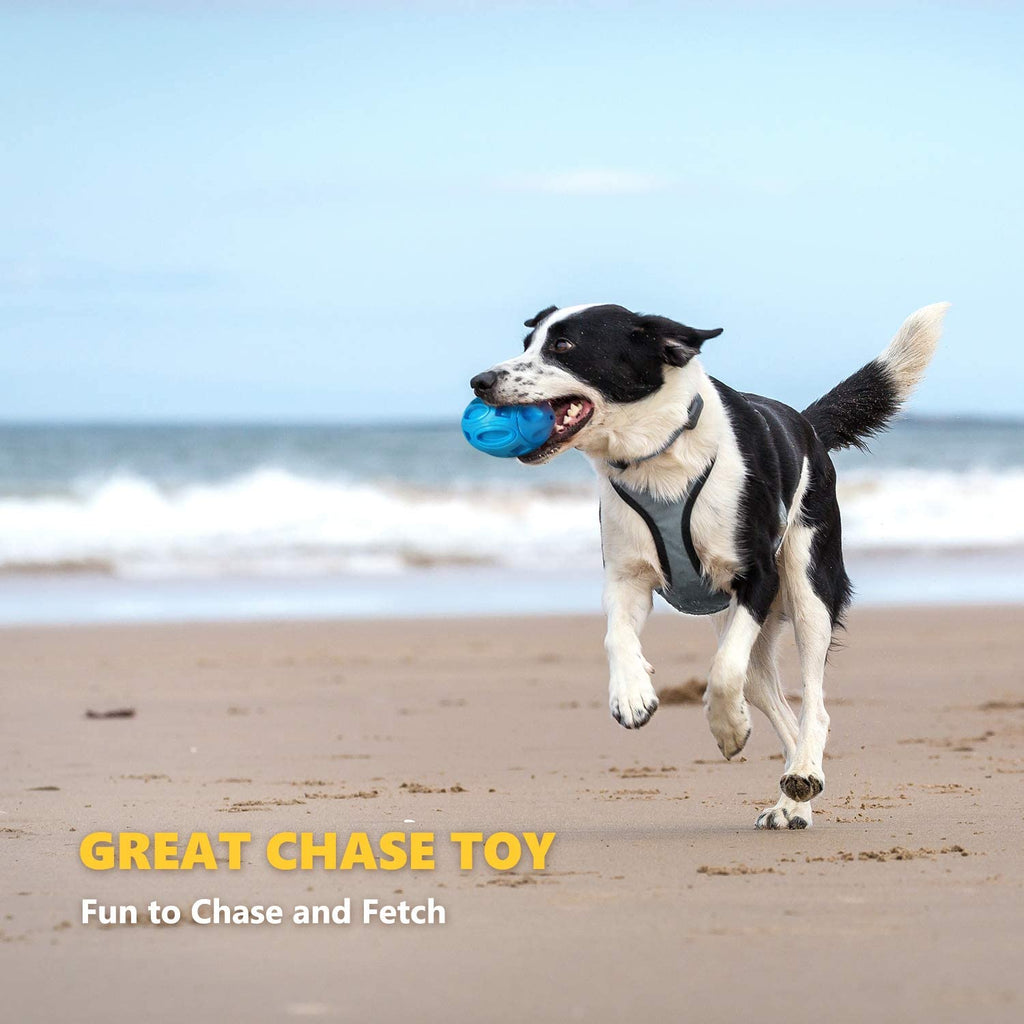 Blue squeaky rubber rugby dog toy ball in a dog’s mouth while running on sand