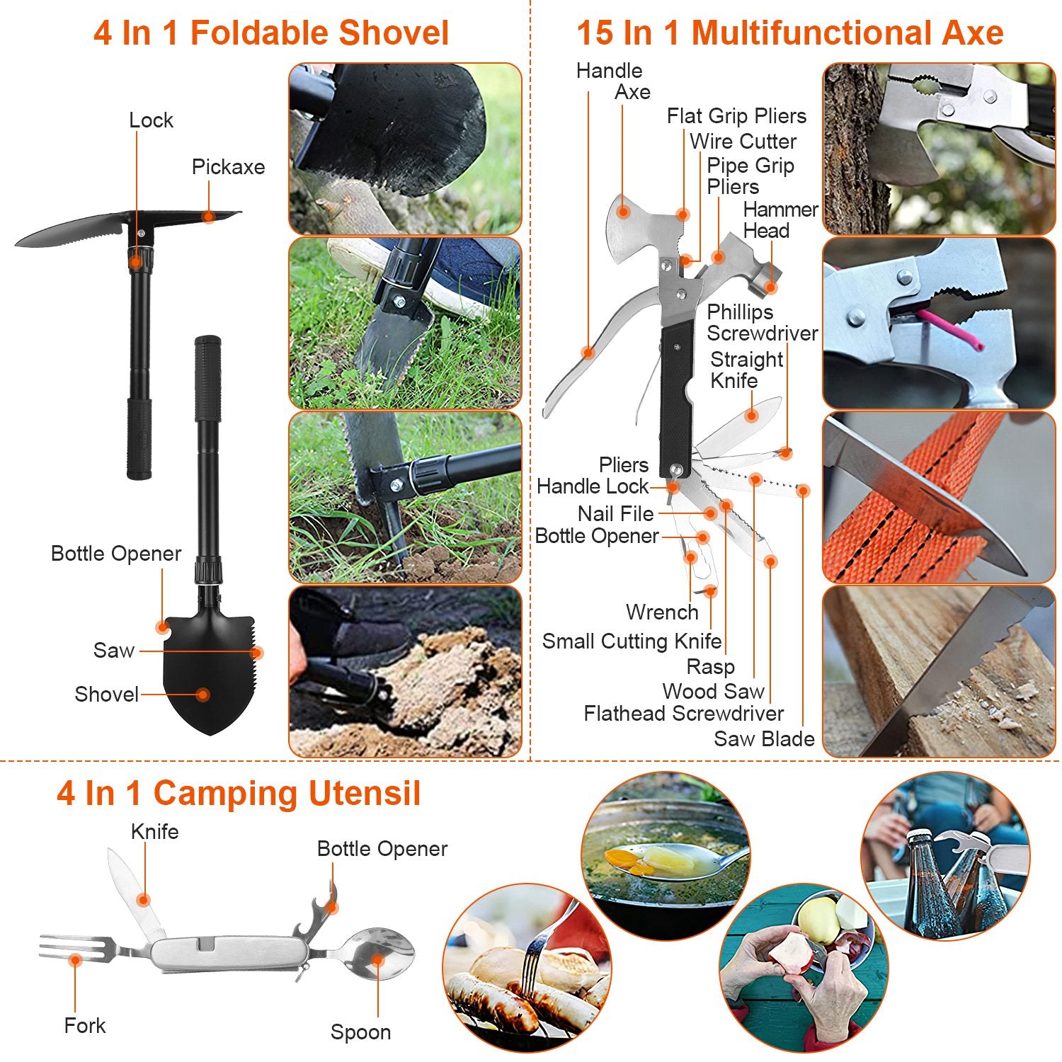 Folding camping multi-tool set featuring shovel, axe, and other utility blades