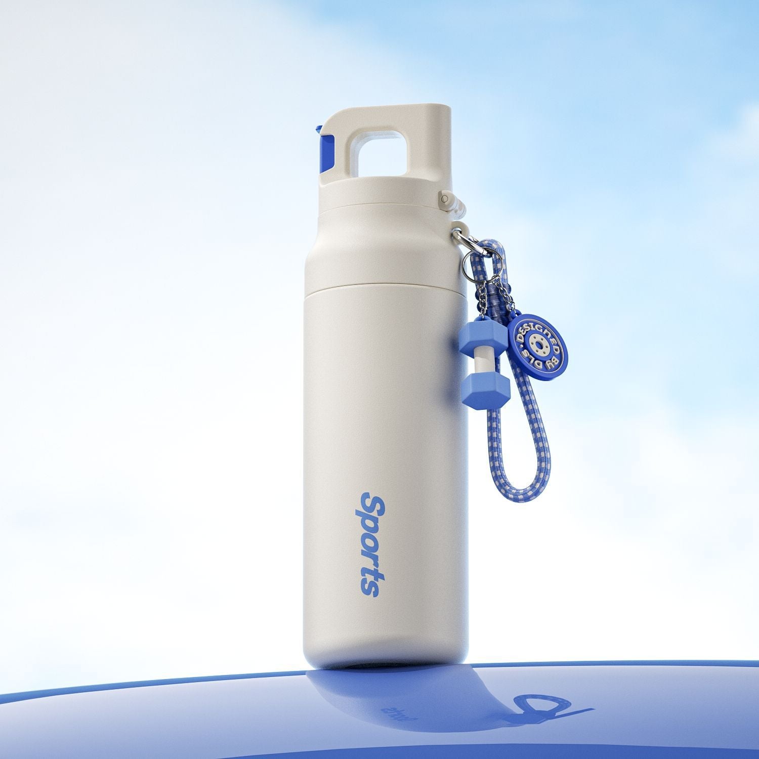 White water bottle with quick-open lid, blue pull tab, and chain keyring