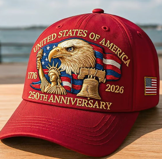 Red baseball cap with embroidered eagle and 250th Anniversary, with side flag patch
