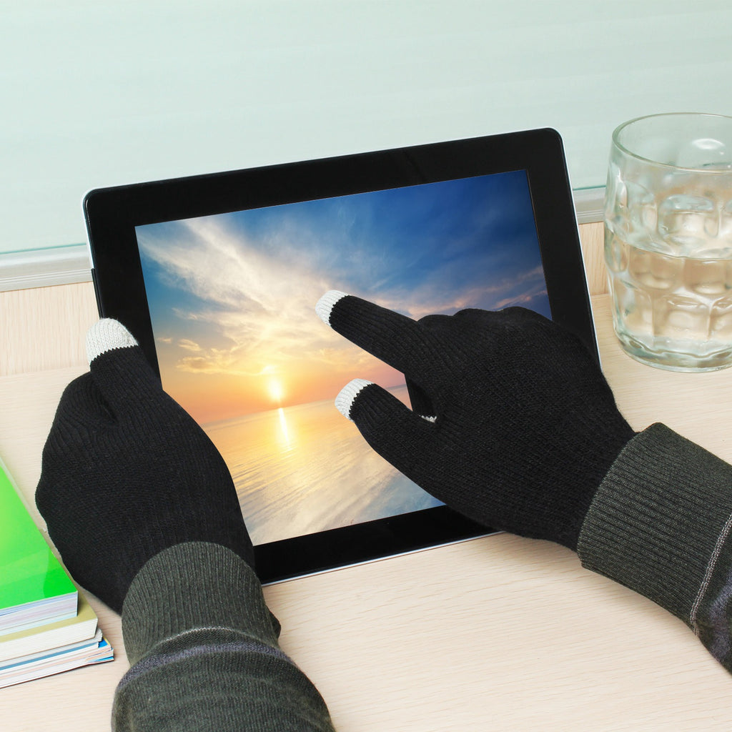 Black knit touchscreen gloves with three-finger fingertips and ribbed cuffs, shown with tablet.