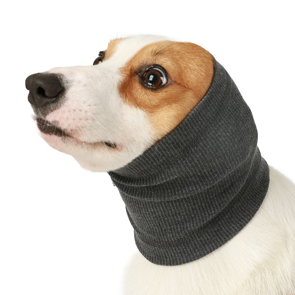 Dark gray dog headband scarf in ribbed knit covering ears and neck