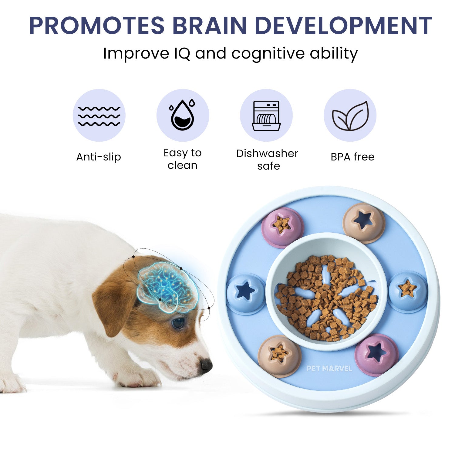 Blue dog puzzle slow feeder with star compartments and center bowl, with a puppy nearby