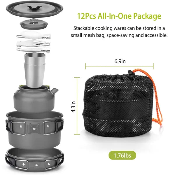 Stackable grey cookware set with lidded pots, mesh storage bag, and metal cups
