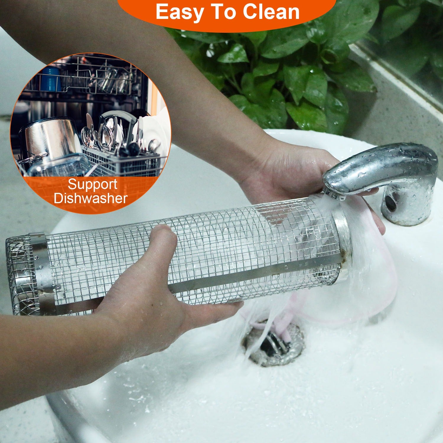 Stainless steel grill basket being cleaned in soapy water with wire mesh cylinder