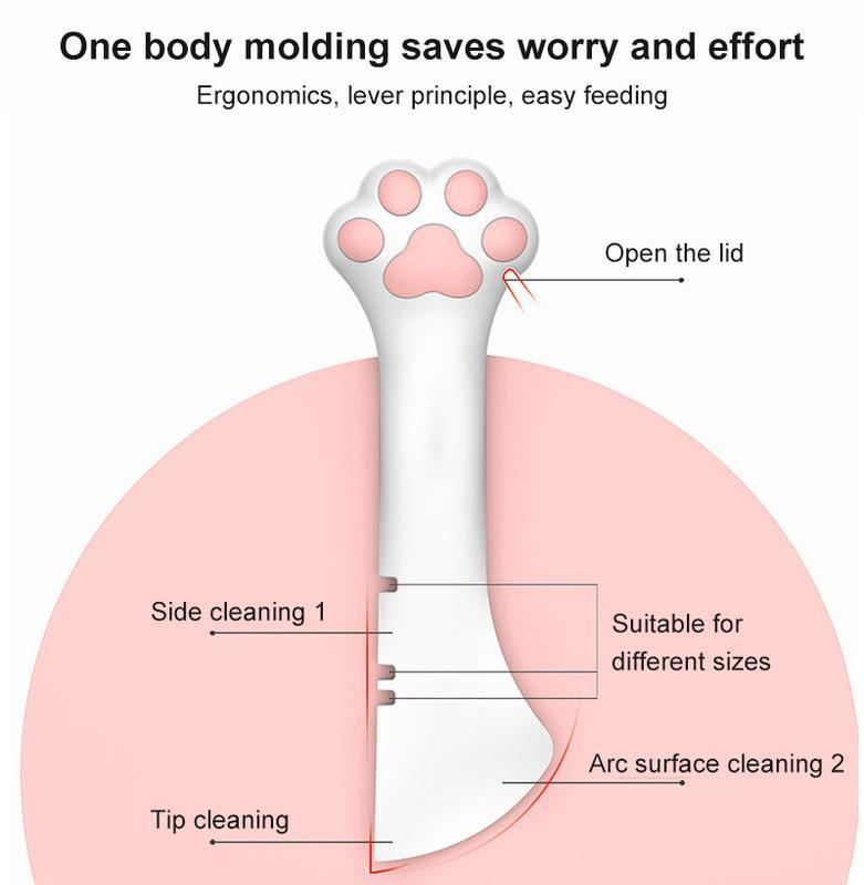 Pet food can spoon and lid opener with paw-shaped handle and pink lid section