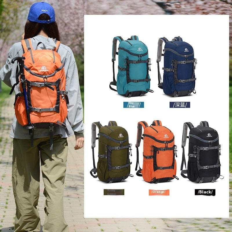Multi-color 30L hiking backpack shown from front and back views