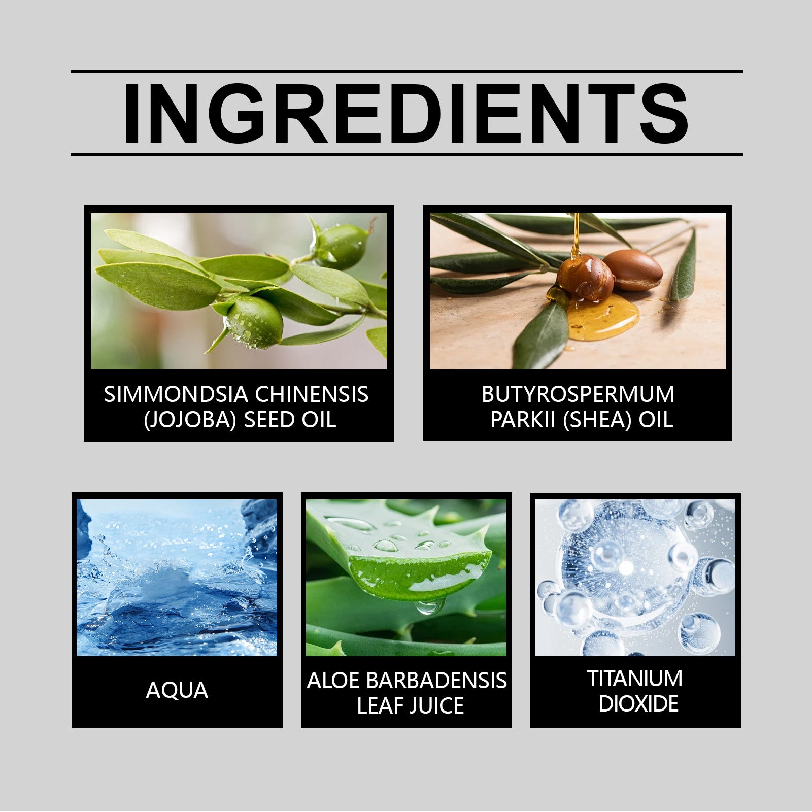 Ingredients graphic for SPF 30 antioxidant sunscreen: aloe, aqua, titanium dioxide, shea oil