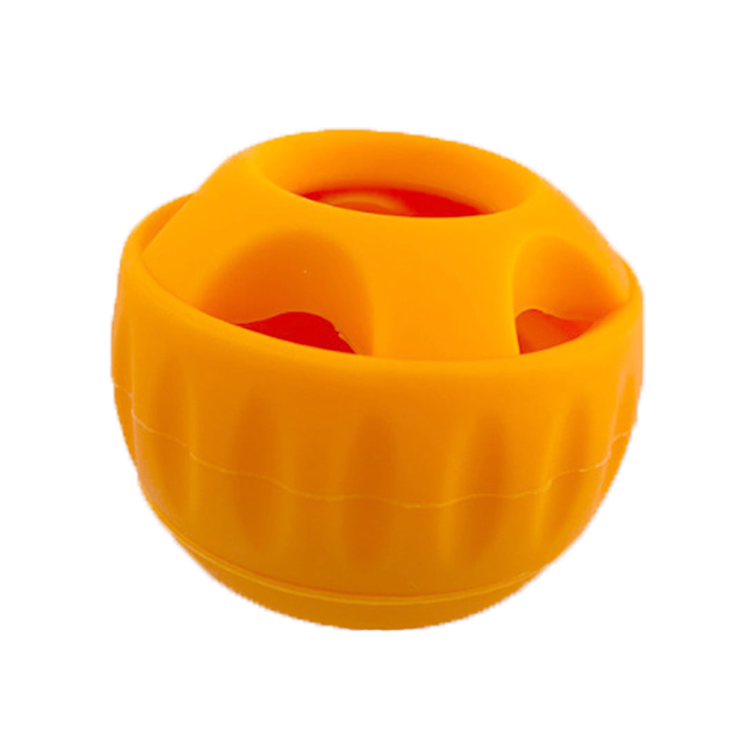Orange silicone slow feeder ball with inner openings for food dispensing