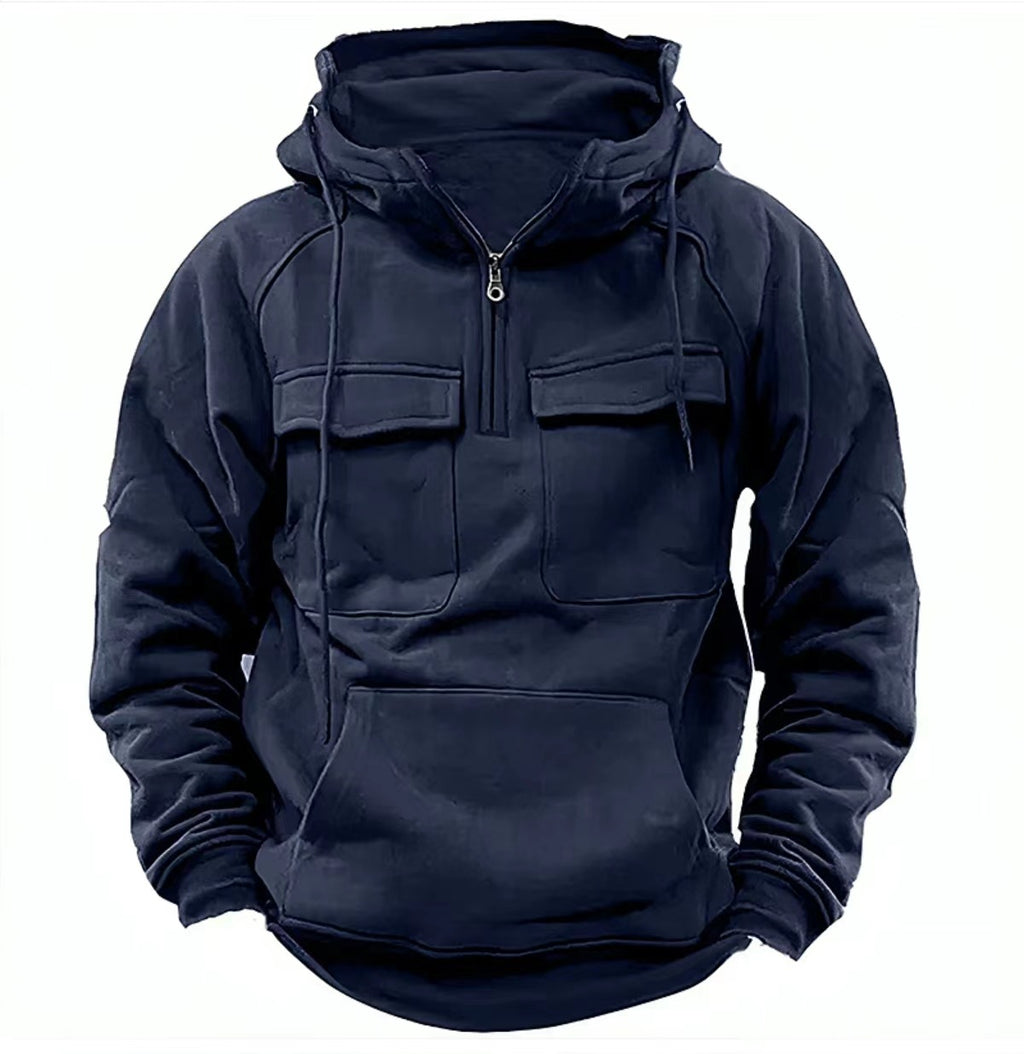 Navy zip-up hoodie with hood, front zip, flap chest pockets, kangaroo pocket