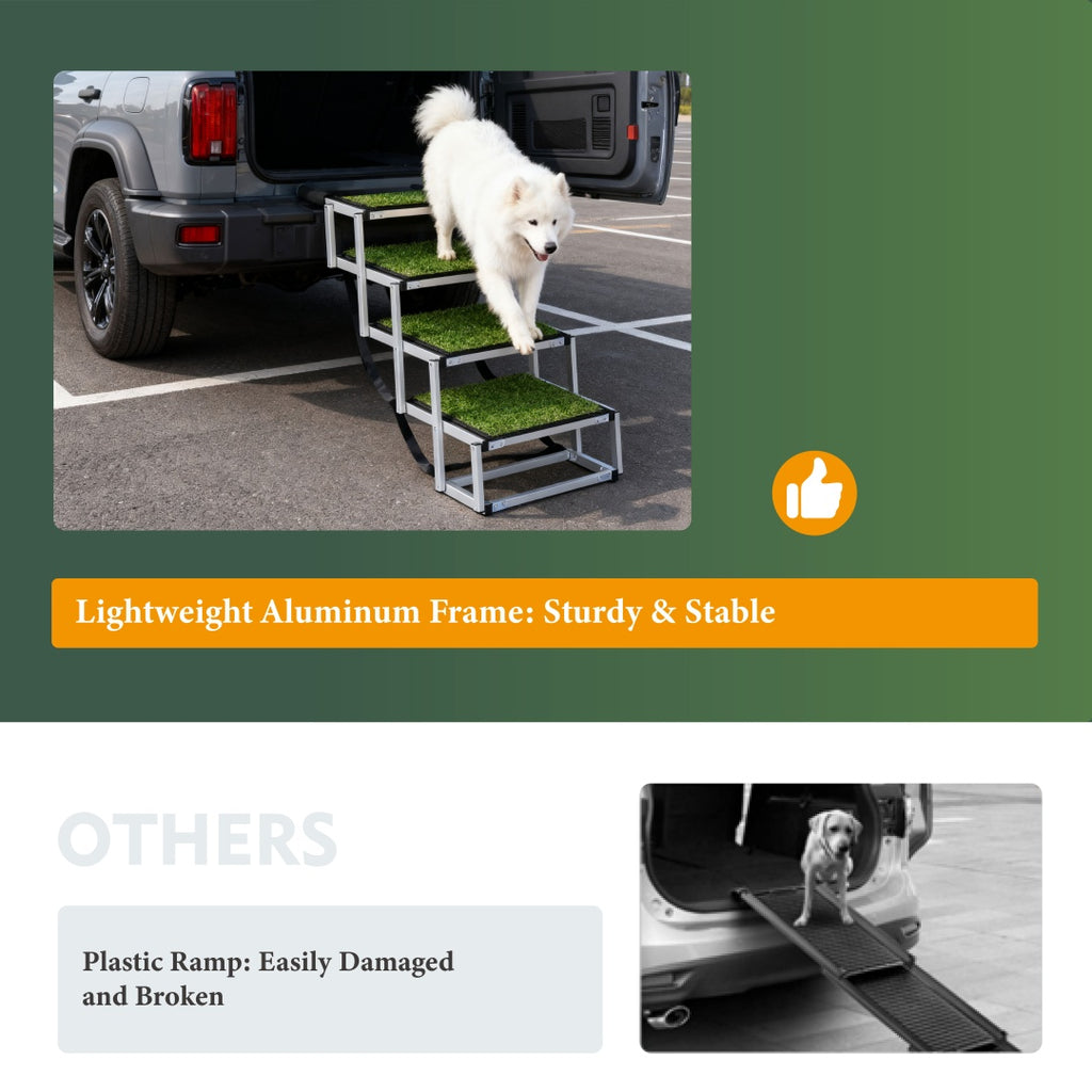Foldable dog ramp with green non-slip steps at SUV trunk with tether
