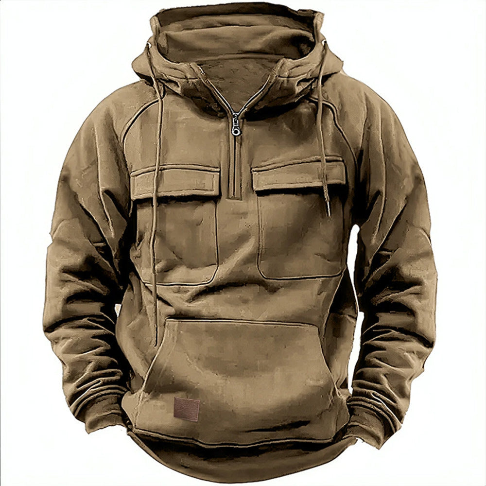 Tan zip-up hoodie with hood and front zip, flap chest pockets, kangaroo pocket