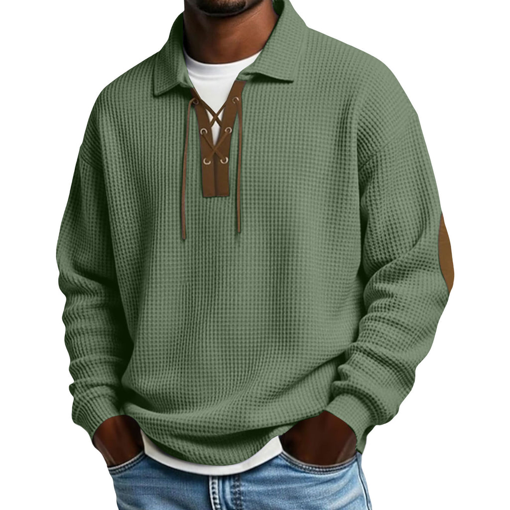 Oversized cardigan sweatshirt, green knit, stand collar with lace-up detail