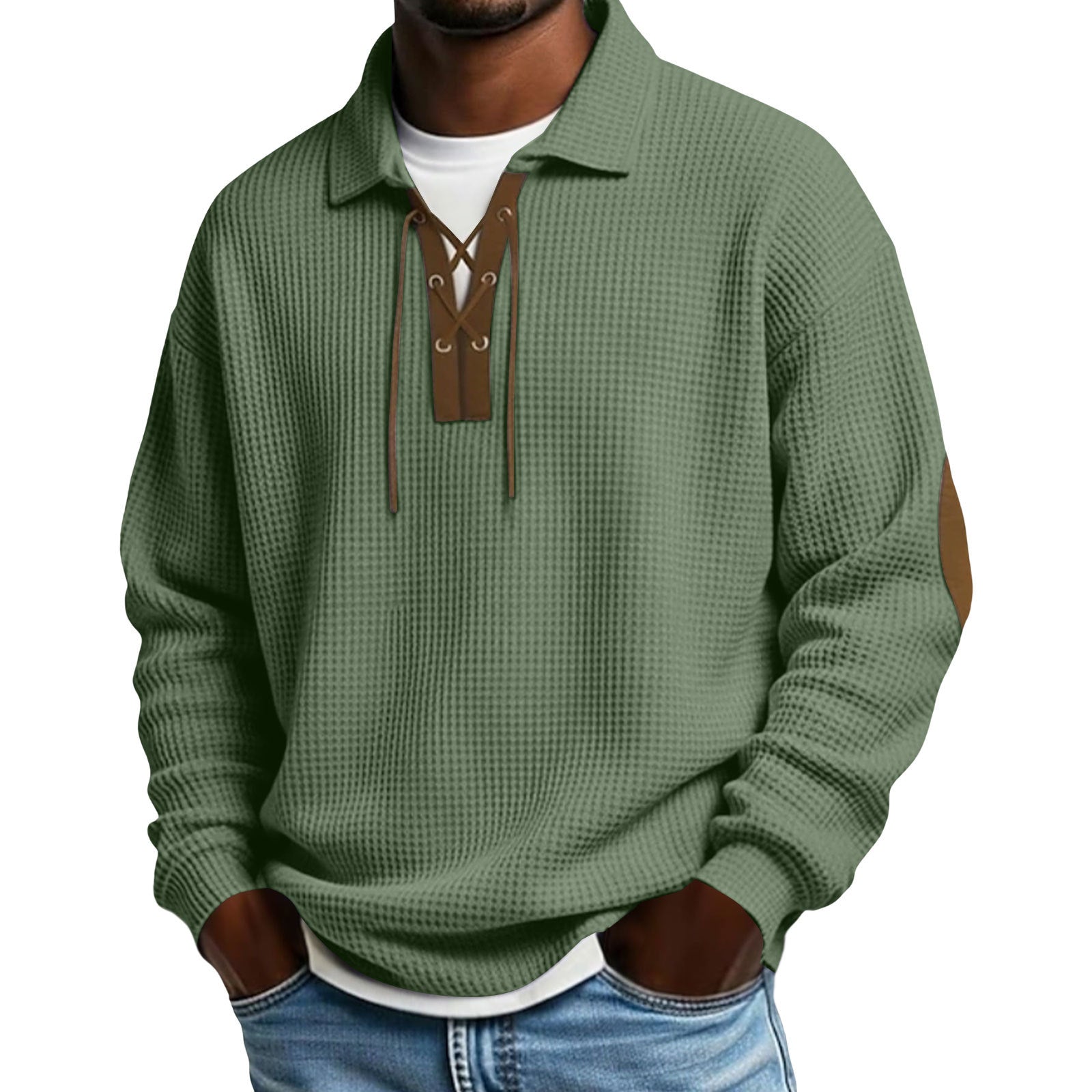 Oversized cardigan sweatshirt, green knit, stand collar with lace-up detail