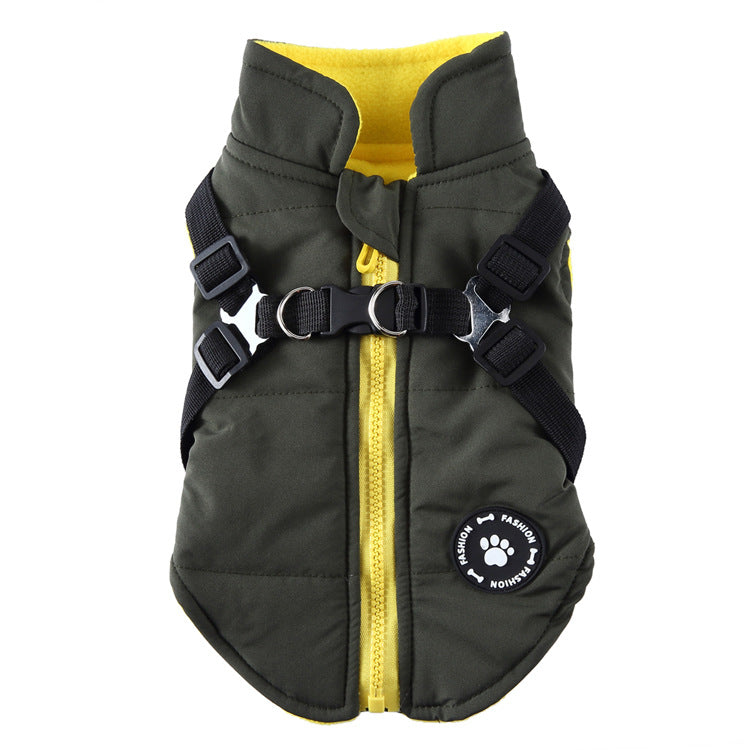 Dog cotton-padded jacket with chest strap and hood, dark gray with yellow lining