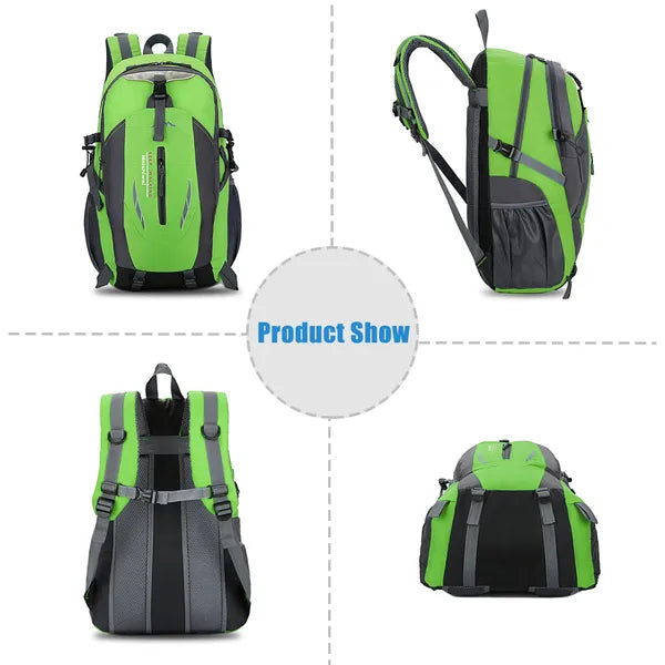 Green hiking backpack with zip front pocket, curved shoulder straps, side attachment loops