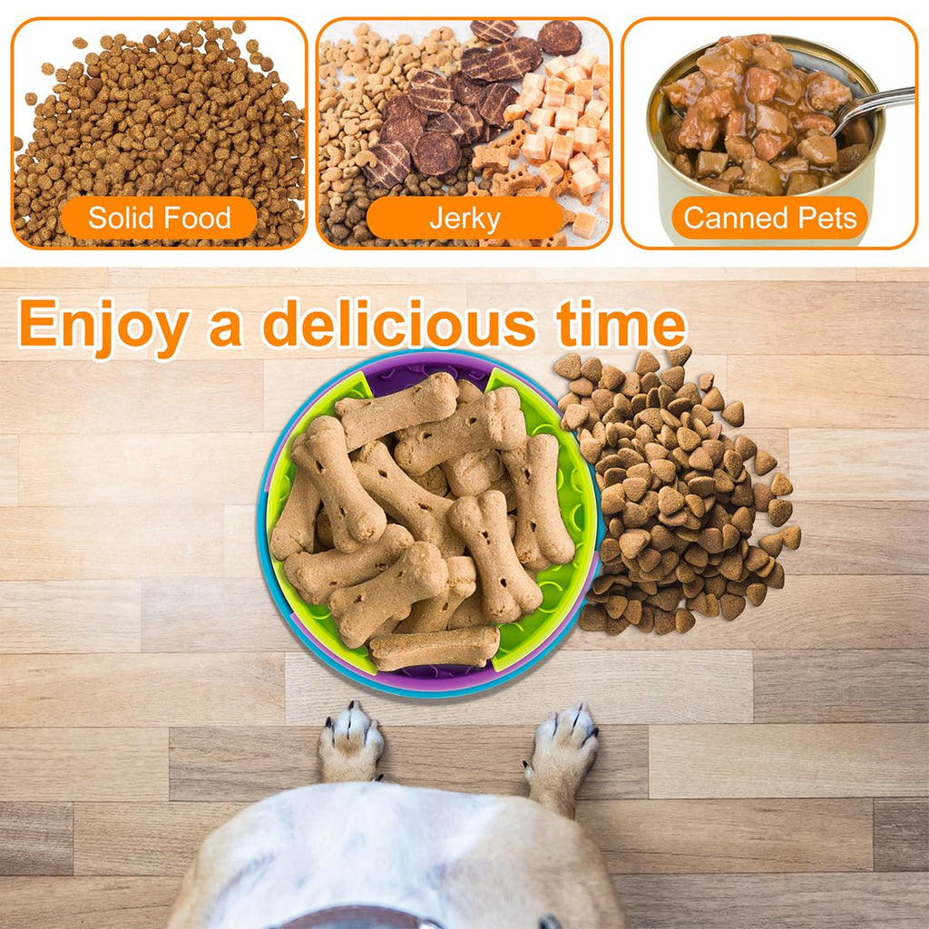 Slow feeder puzzle bowl with green compartment holding dry food and purple tier