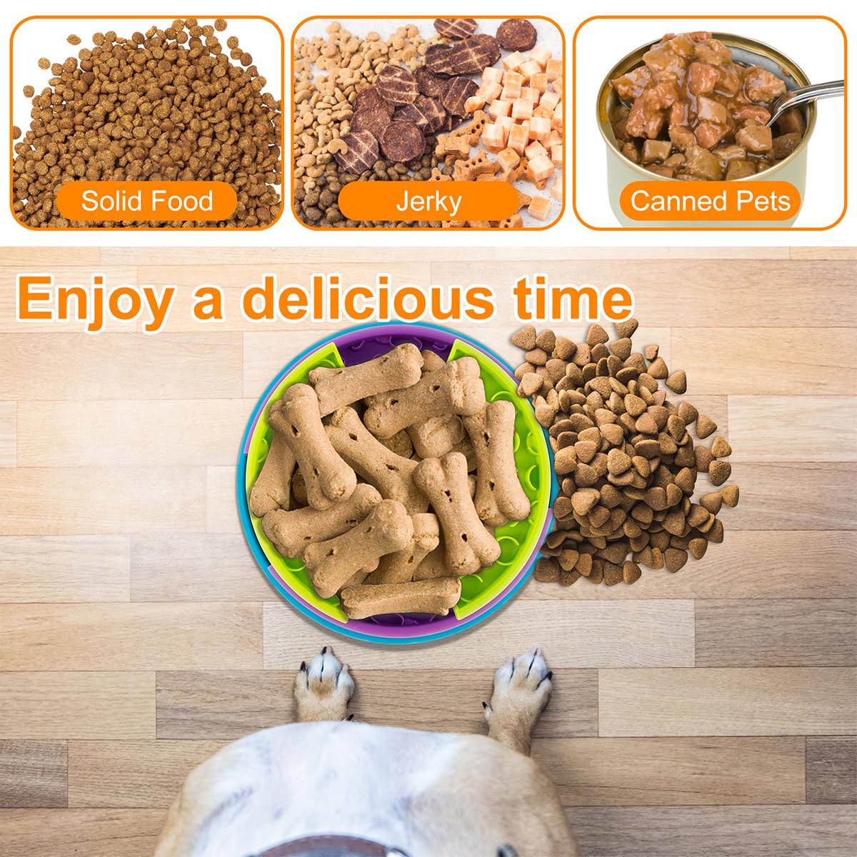 Slow feeder puzzle bowl with green compartment holding dry food and purple tier
