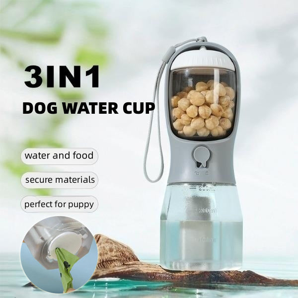3-in-1 portable pet travel cup with clear top chamber, water bottle base, wrist strap