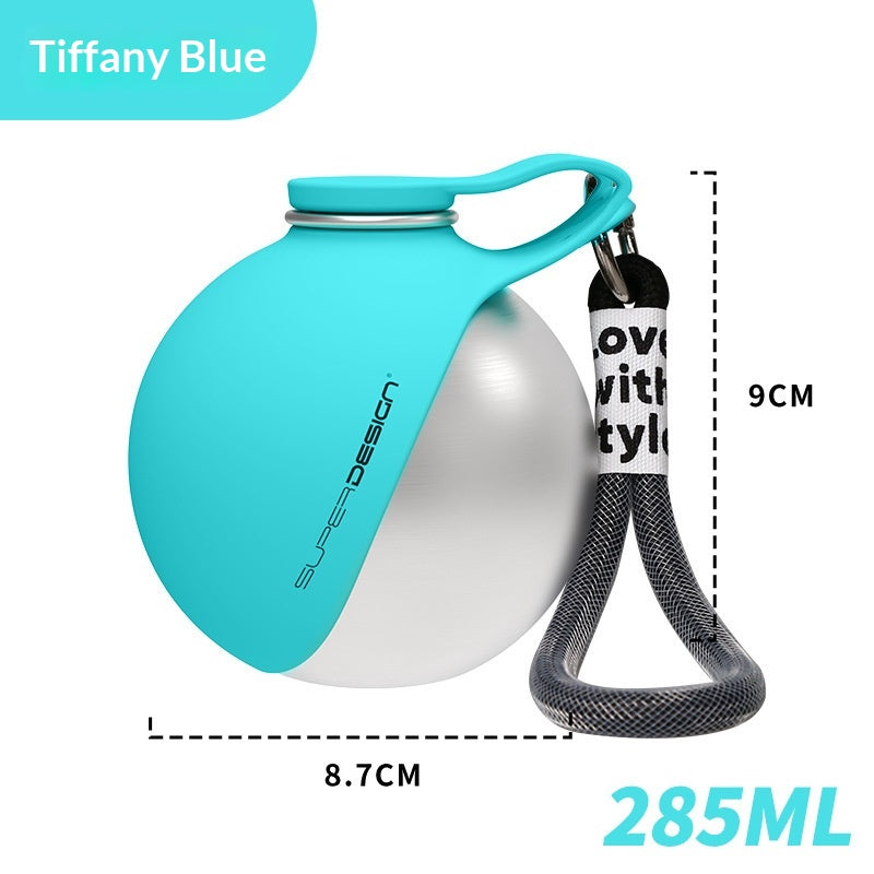 Tiffany blue stainless steel pet water cup with handle, waste bag dispenser, and black strap.