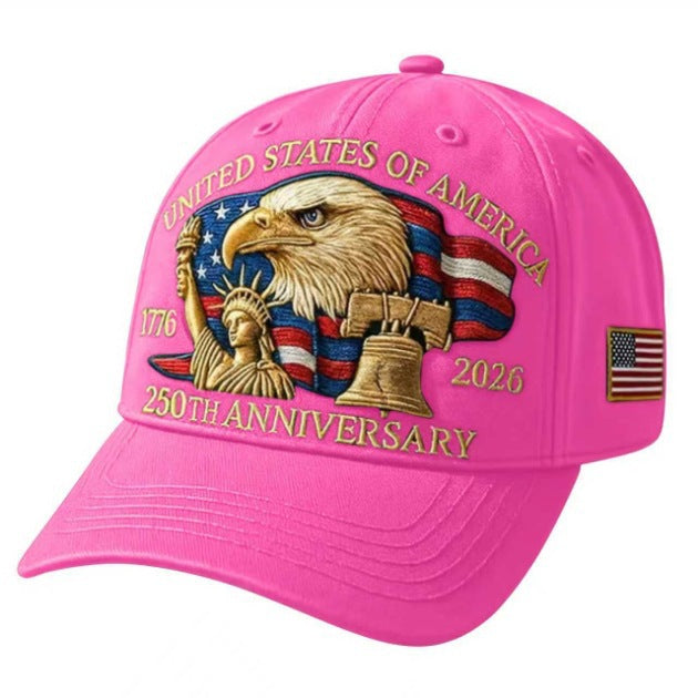 Pink baseball cap with embroidered eagle, U.S. 250th anniversary patch, and flag side tab