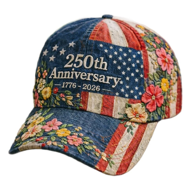 Baseball cap with blue stars and red-white stripes, “250th Anniversary 1776–2026” floral embroidery