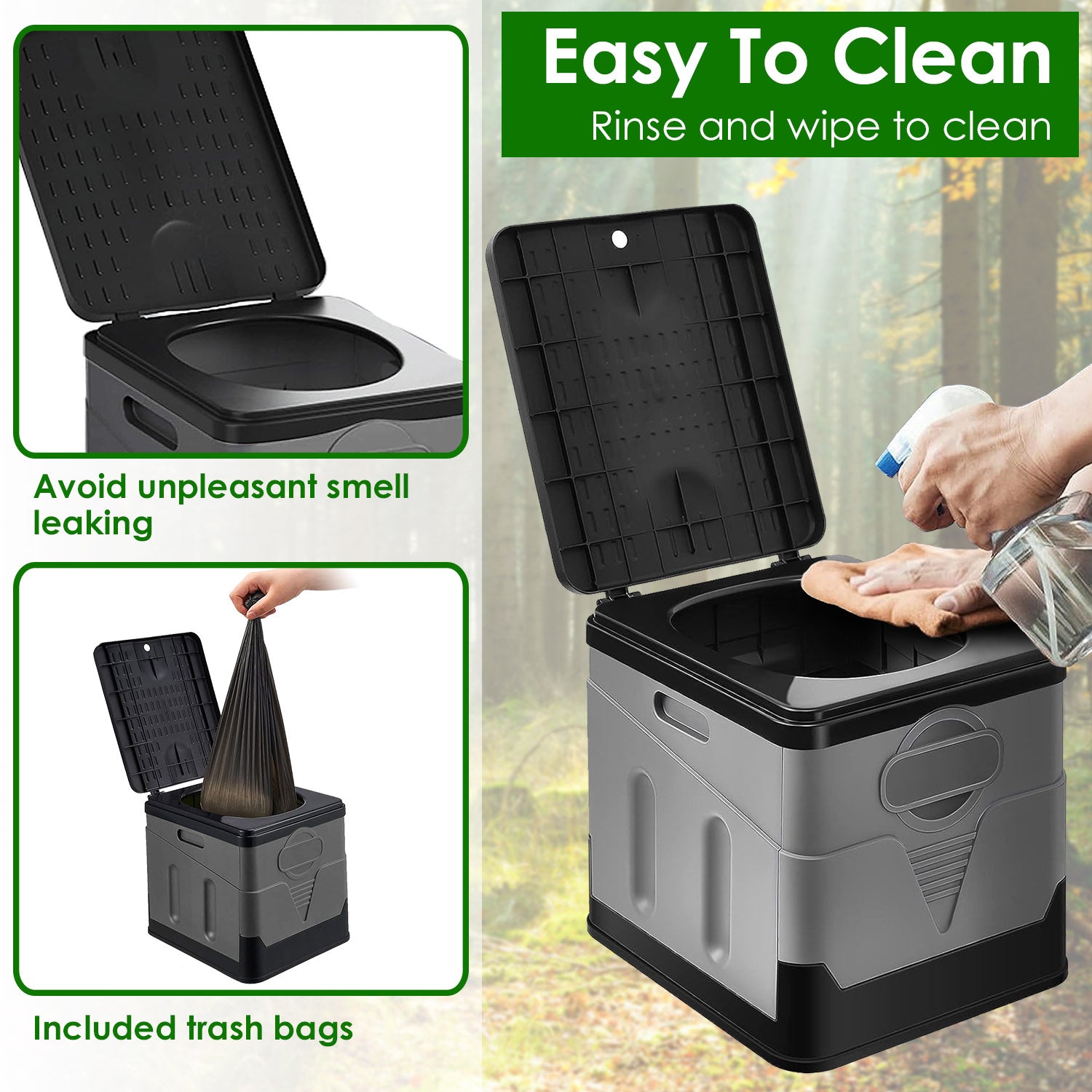 Grey portable camping toilet with open seat, lid panel, and included trash bags