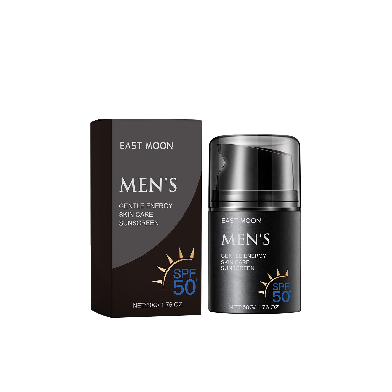 Men’s SPF 50 skin care sunscreen: box and black airless-style pump bottle