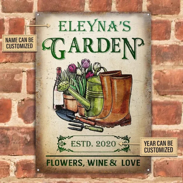 Personalized garden metal sign featuring “EL EYN A’S GARDEN” text, flowers, and “FLOWERS, WINE & LOVE”.