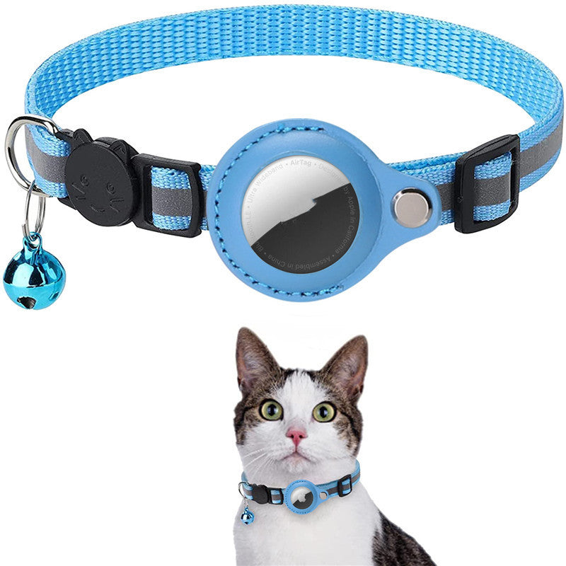 Sky blue pet collar with waterproof AirTag holder and black buckle, plus hanging bell