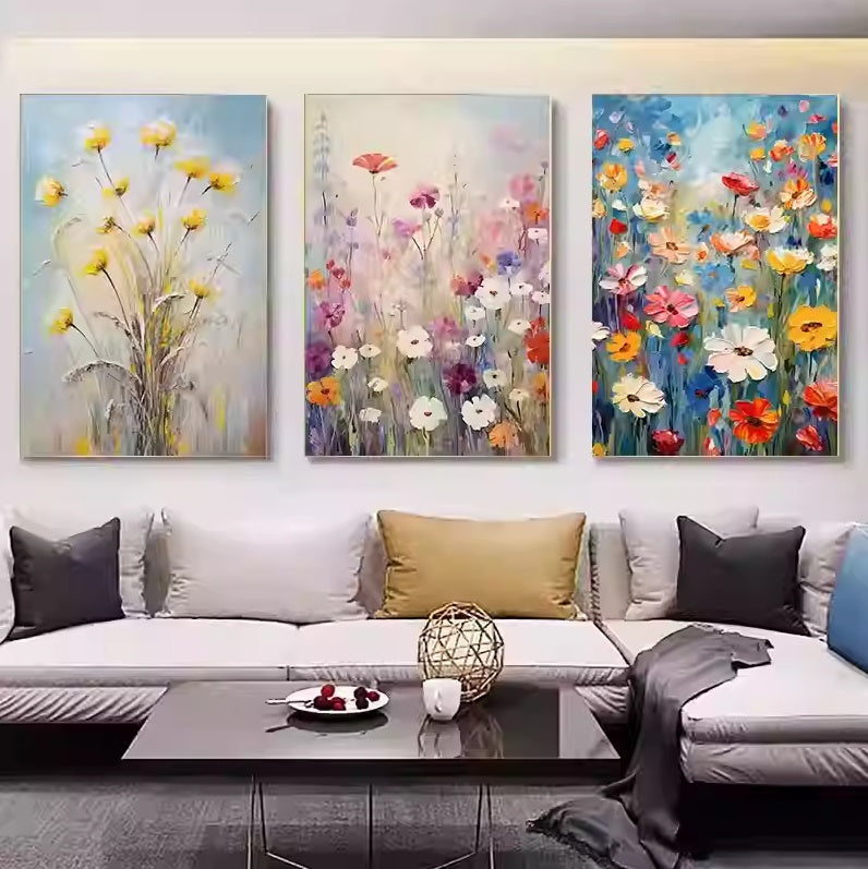 Canvas wall poster triptych with dandelion flowers and delicate wildflower stems