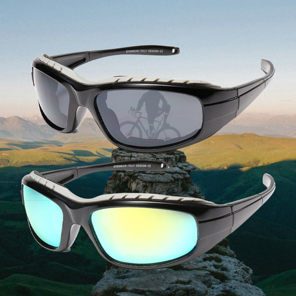 Motorcycle riding glasses, two-tone gray frames with tinted lenses