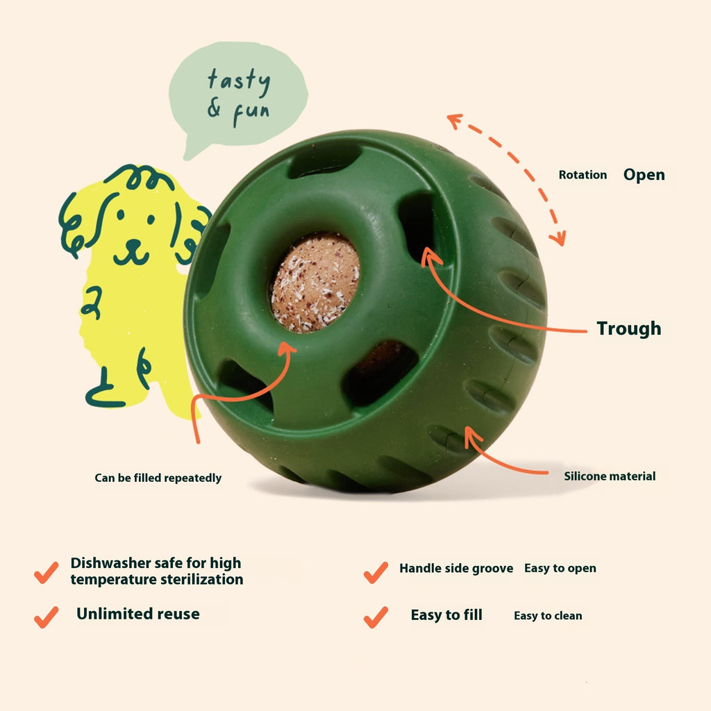 Green silicone slow feeder ball with food pieces in side openings