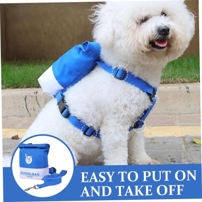 White dog wearing a blue self-wearing backpack harness with adjustable straps and leash
