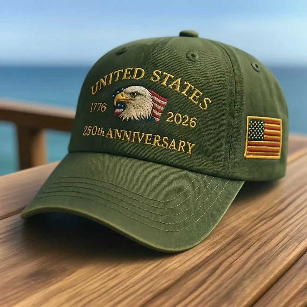Washed canvas dad hat in army green with eagle anniversary graphic and flag side patch