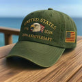Washed canvas dad hat in army green with eagle anniversary graphic and flag side patch