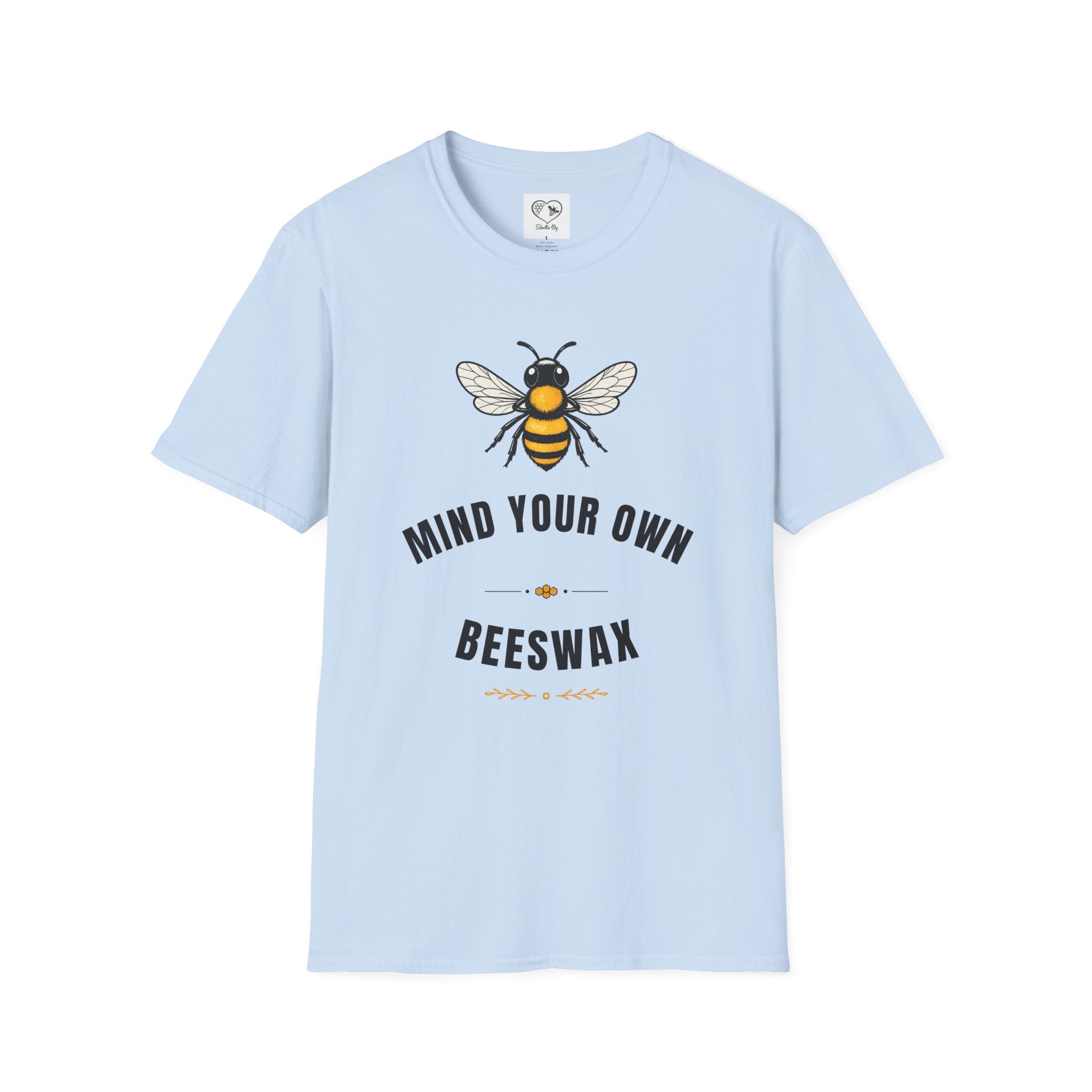 Light blue T-shirt featuring bee graphic with 'Mind your own Beeswax' lettering