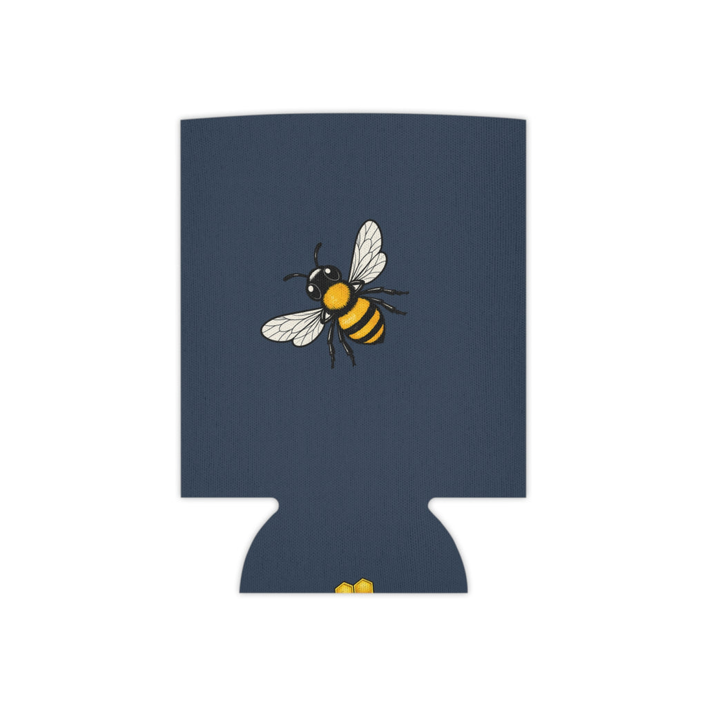 Navy can cooler featuring a detailed buzzing bee graphic