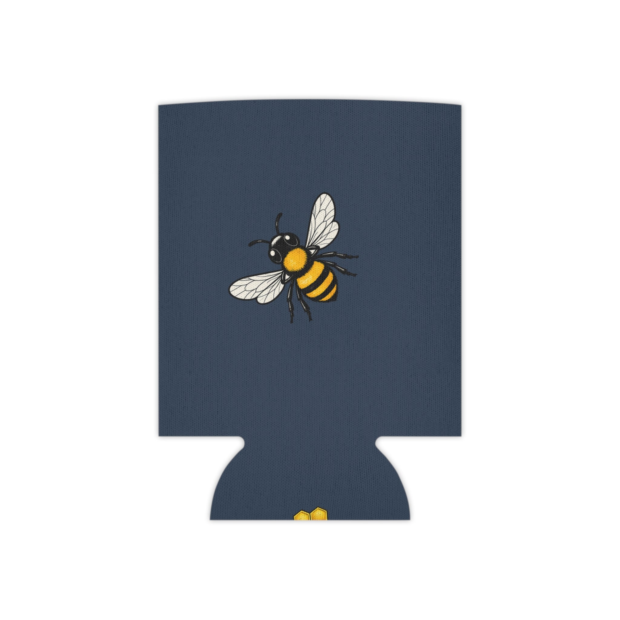 Navy can cooler featuring a detailed buzzing bee graphic