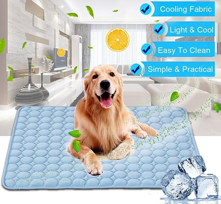 Blue pet cooling nest pad with raised bubble texture, dog resting on it