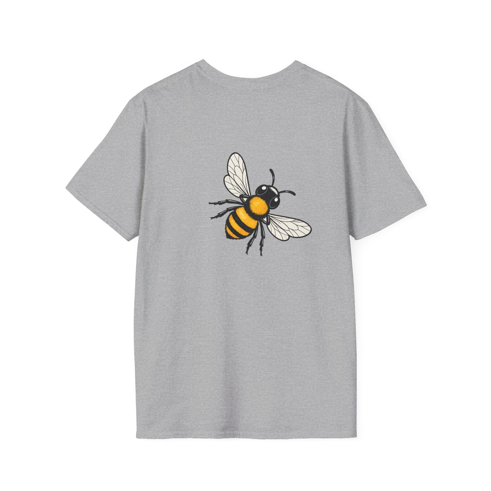 Gray t-shirt with yellow striped bee illustration on chest