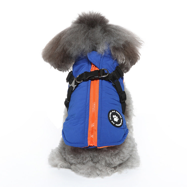 Dog cotton-padded jacket with chest strap and hood, blue with orange zip